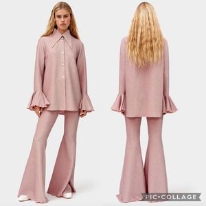 Sleeper Pink Shimmer Lurex Flare Button Lounge Suit 2 Pc M